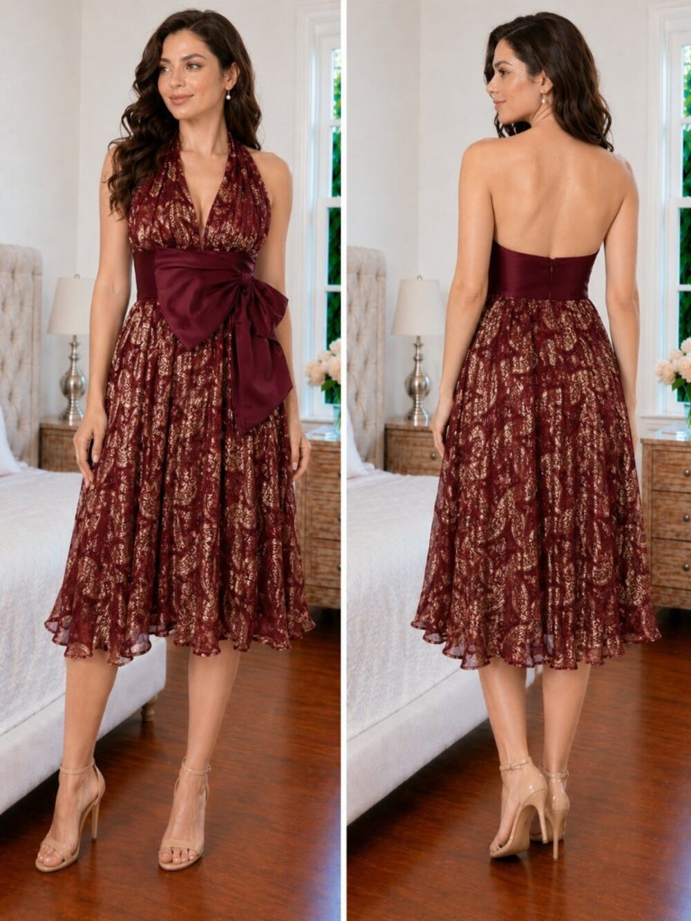 NWT Marchesa Notte Red Gold Halter Midi Dress $795